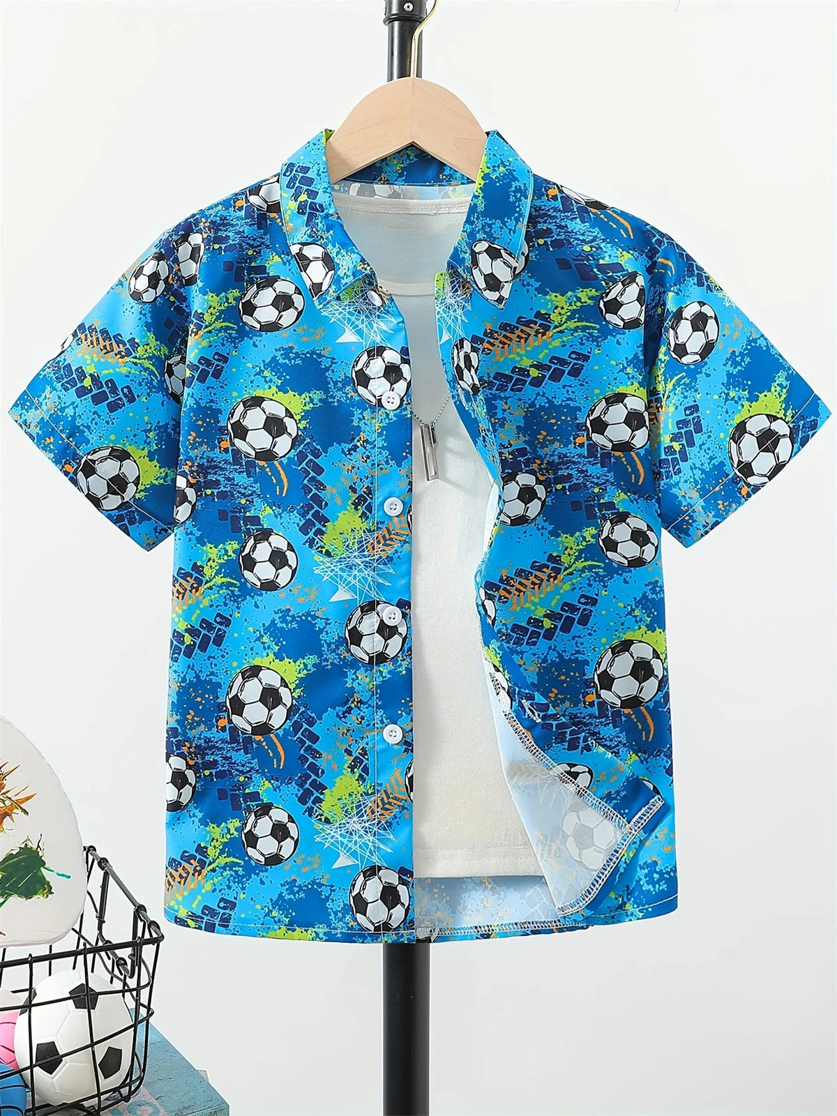 Boy's Soccer Pattern Hawaii Shirt Short Sleeve Casual Comfy Button up Loose Tops Breathable Blouses Summer Holiday Shirt for Boy