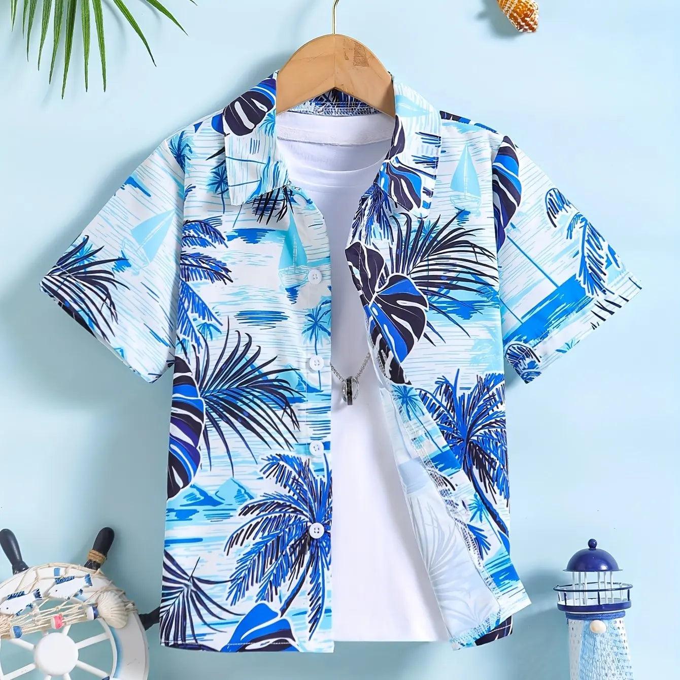Beach Coconut Tree Print Boys Creative Top Shirts Casual Short Sleeve Lapel Shirt Tops Boys Clothes for Summer Outdoor Holiday