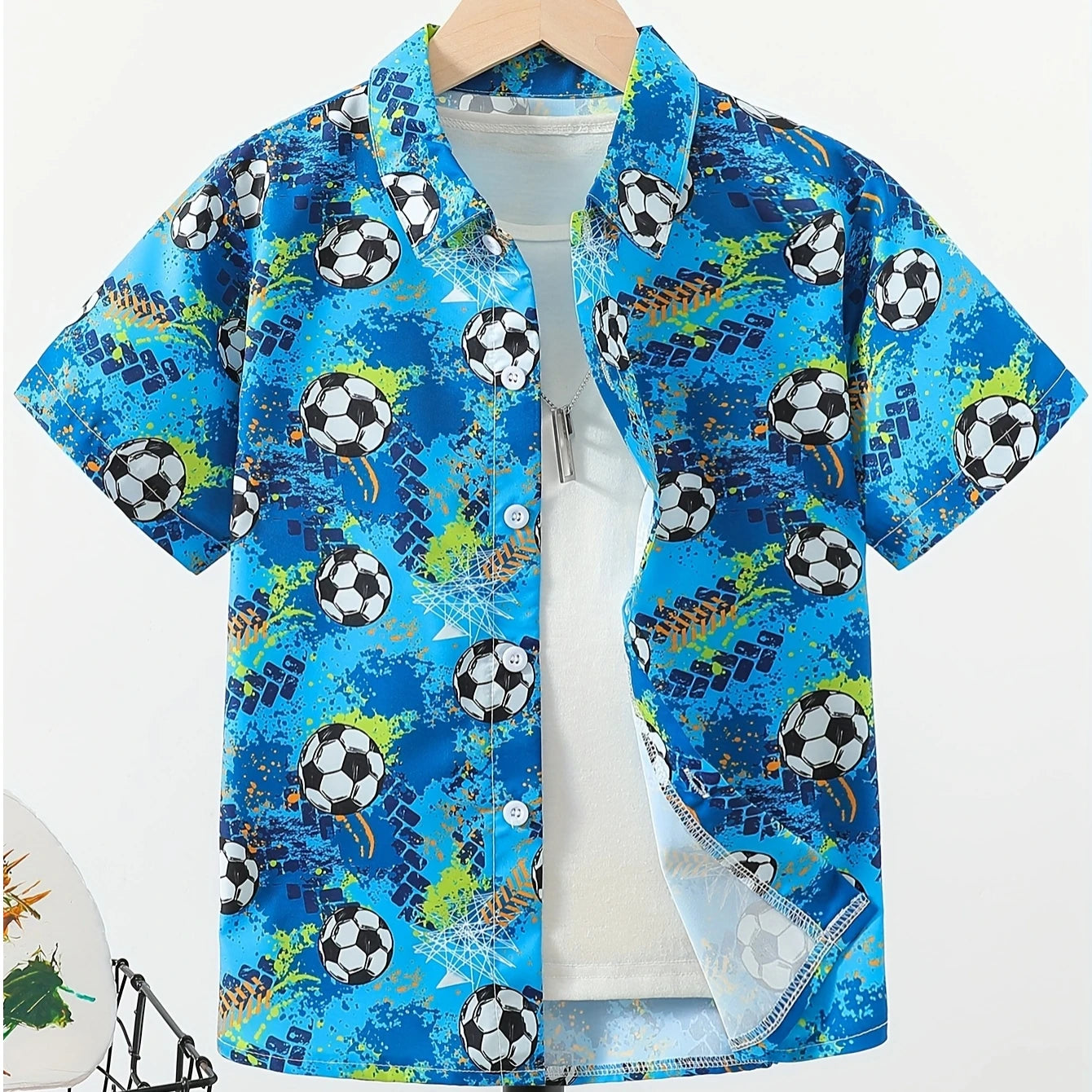 Boy's Soccer Pattern Hawaii Shirt Short Sleeve Casual Comfy Button up Loose Tops Breathable Blouses Summer Holiday Shirt for Boy