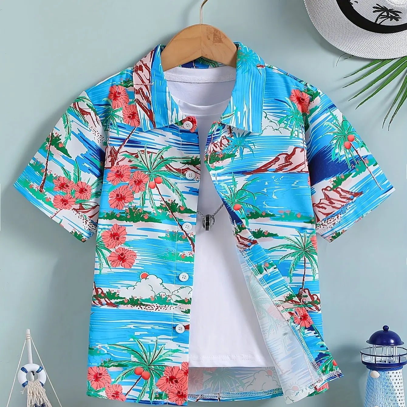 Beach Coconut Tree Print Boys Creative Top Shirts Casual Short Sleeve Lapel Shirt Tops Boys Clothes for Summer Outdoor Holiday