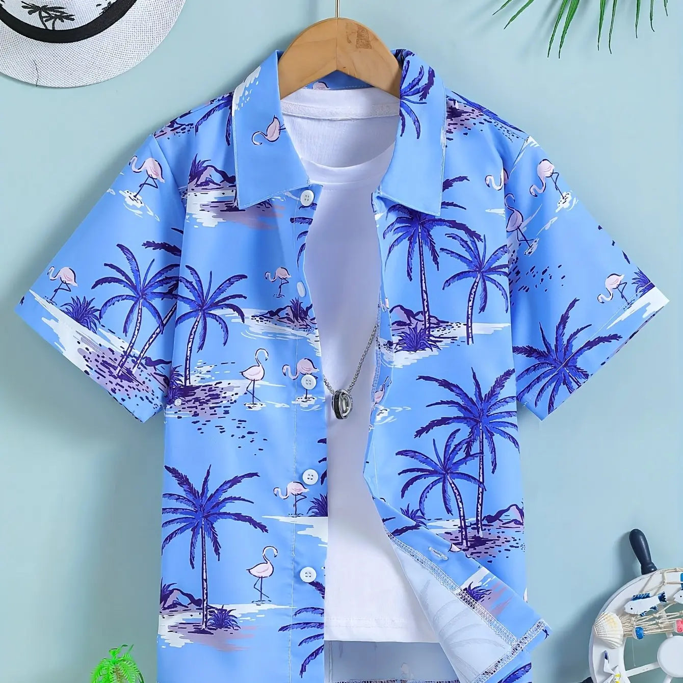 Beach Coconut Tree Print Boys Creative Top Shirts Casual Short Sleeve Lapel Shirt Tops Boys Clothes for Summer Outdoor Holiday