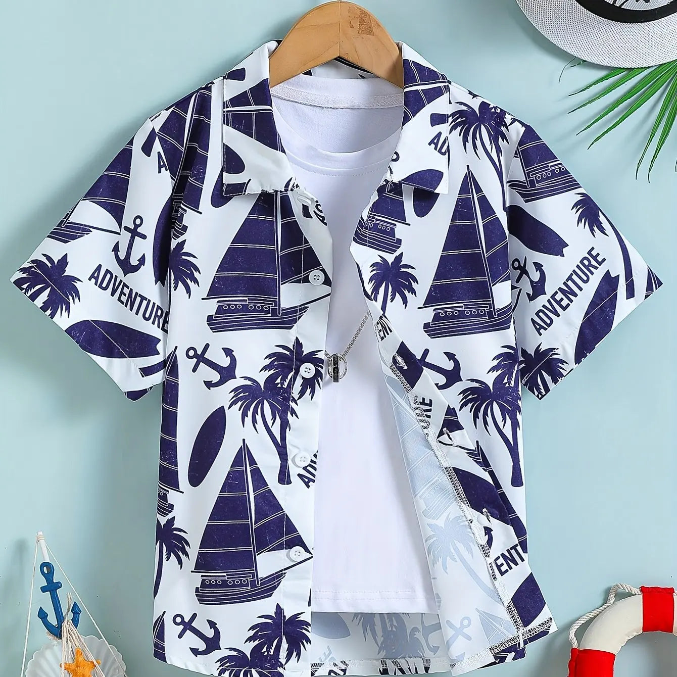 Beach Coconut Tree Print Boys Creative Top Shirts Casual Short Sleeve Lapel Shirt Tops Boys Clothes for Summer Outdoor Holiday