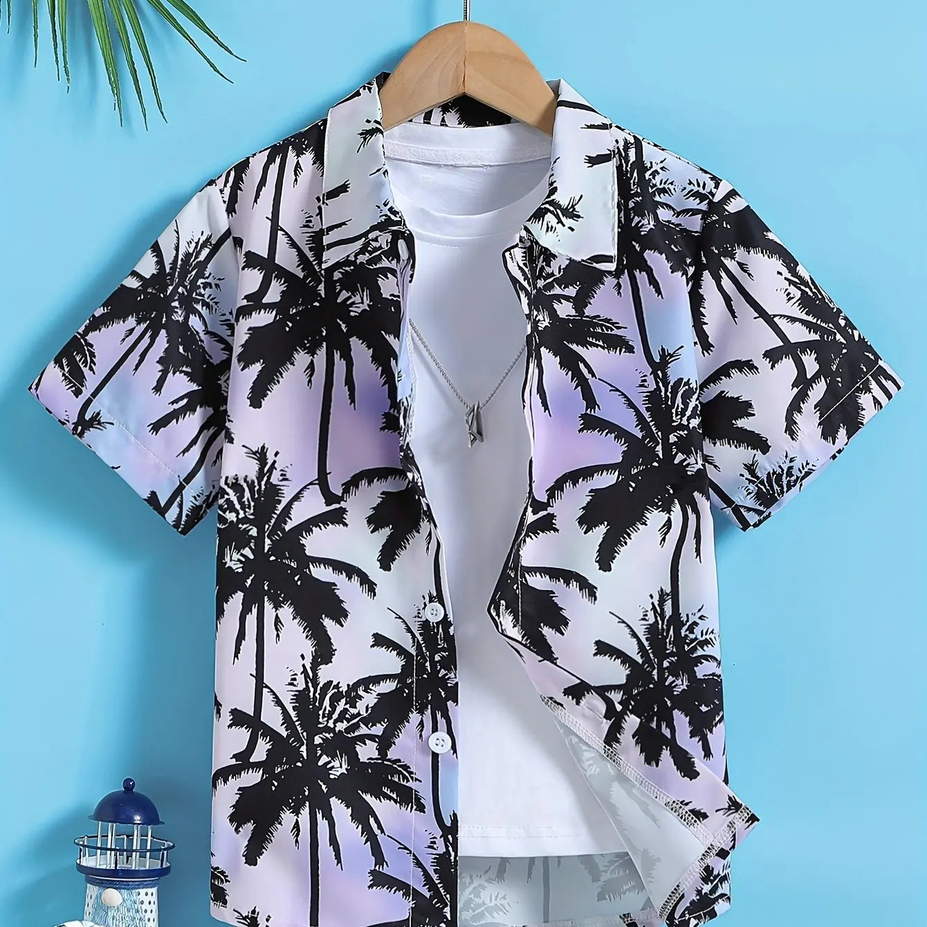 Beach Coconut Tree Print Boys Creative Top Shirts Casual Short Sleeve Lapel Shirt Tops Boys Clothes for Summer Outdoor Holiday