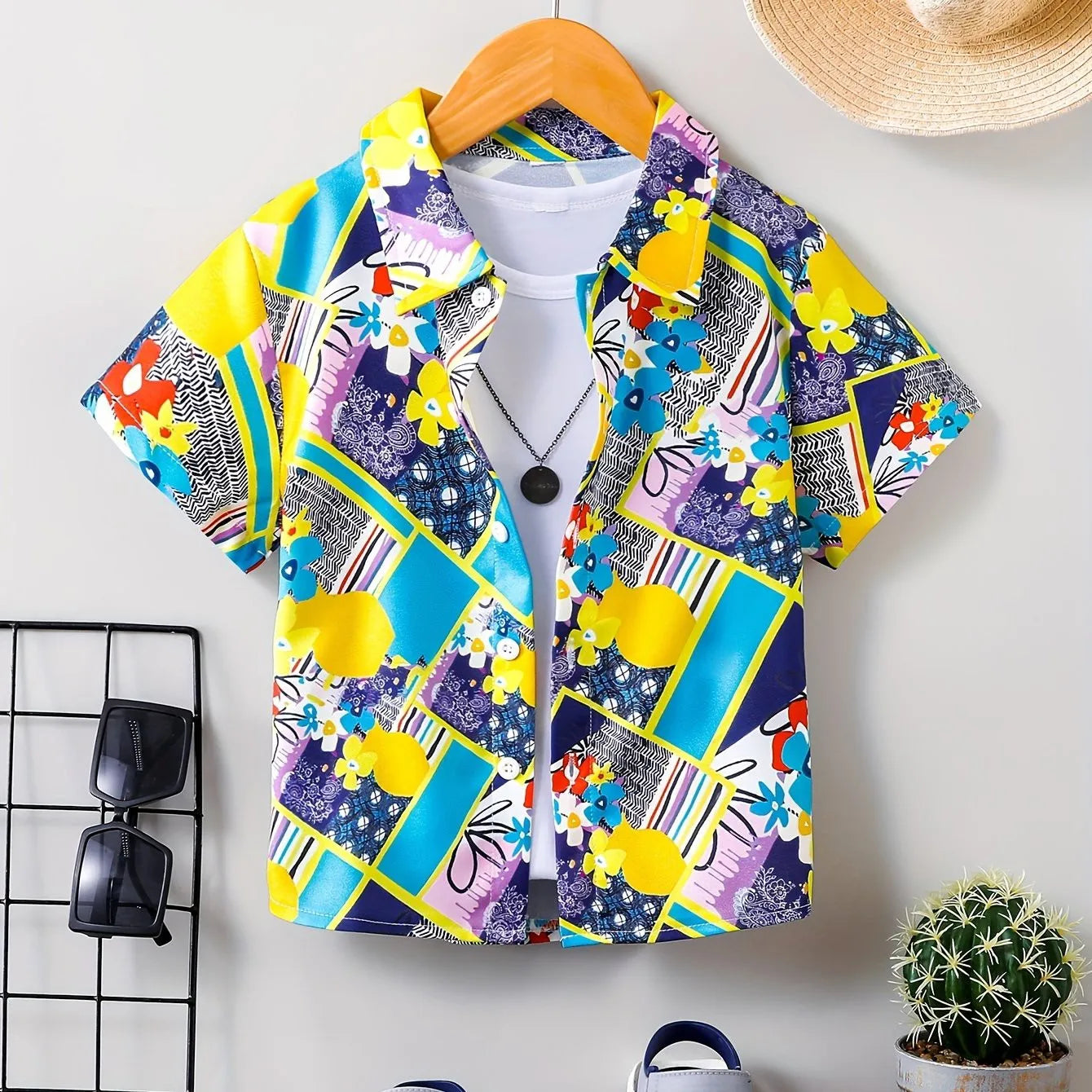Children Boy's Cute Cartoon Graphic Pattern Shirt Kids Short Sleeve Tops Front Button Breathable Summer Clothing Top Shirts