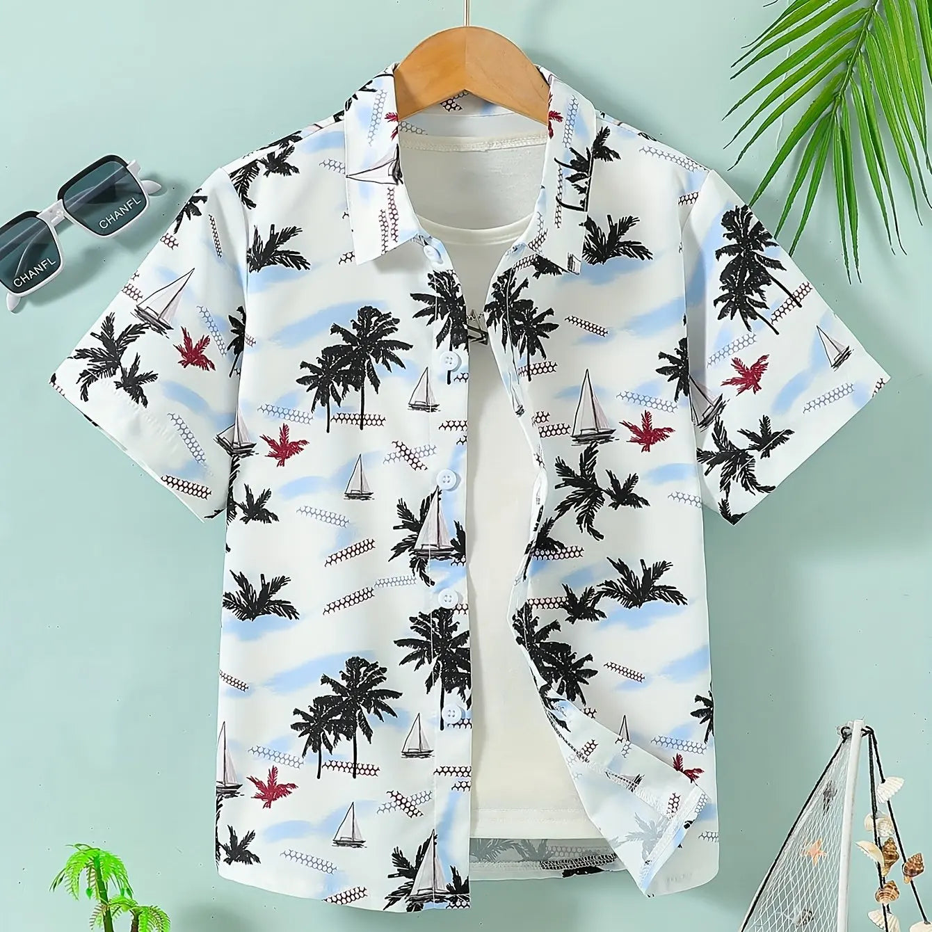 Beach Coconut Tree Print Boys Creative Top Shirts Casual Short Sleeve Lapel Shirt Tops Boys Clothes for Summer Outdoor Holiday