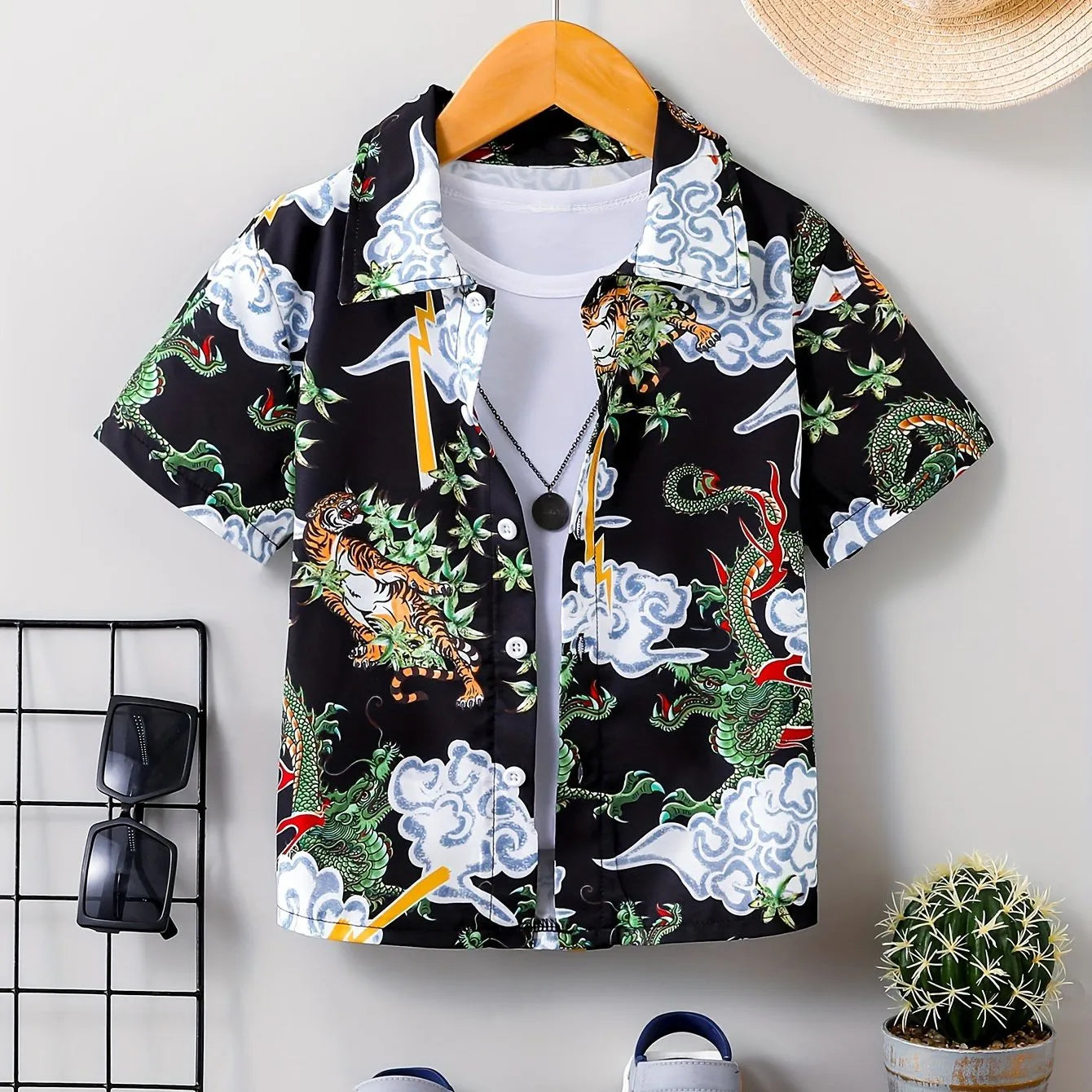 Children Boy's Cute Cartoon Graphic Pattern Shirt Kids Short Sleeve Tops Front Button Breathable Summer Clothing Top Shirts