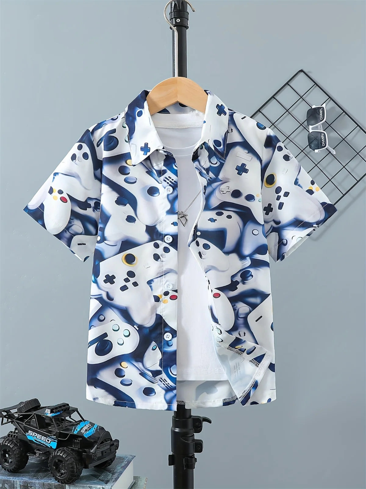 Boy's Soccer Pattern Hawaii Shirt Short Sleeve Casual Comfy Button up Loose Tops Breathable Blouses Summer Holiday Shirt for Boy