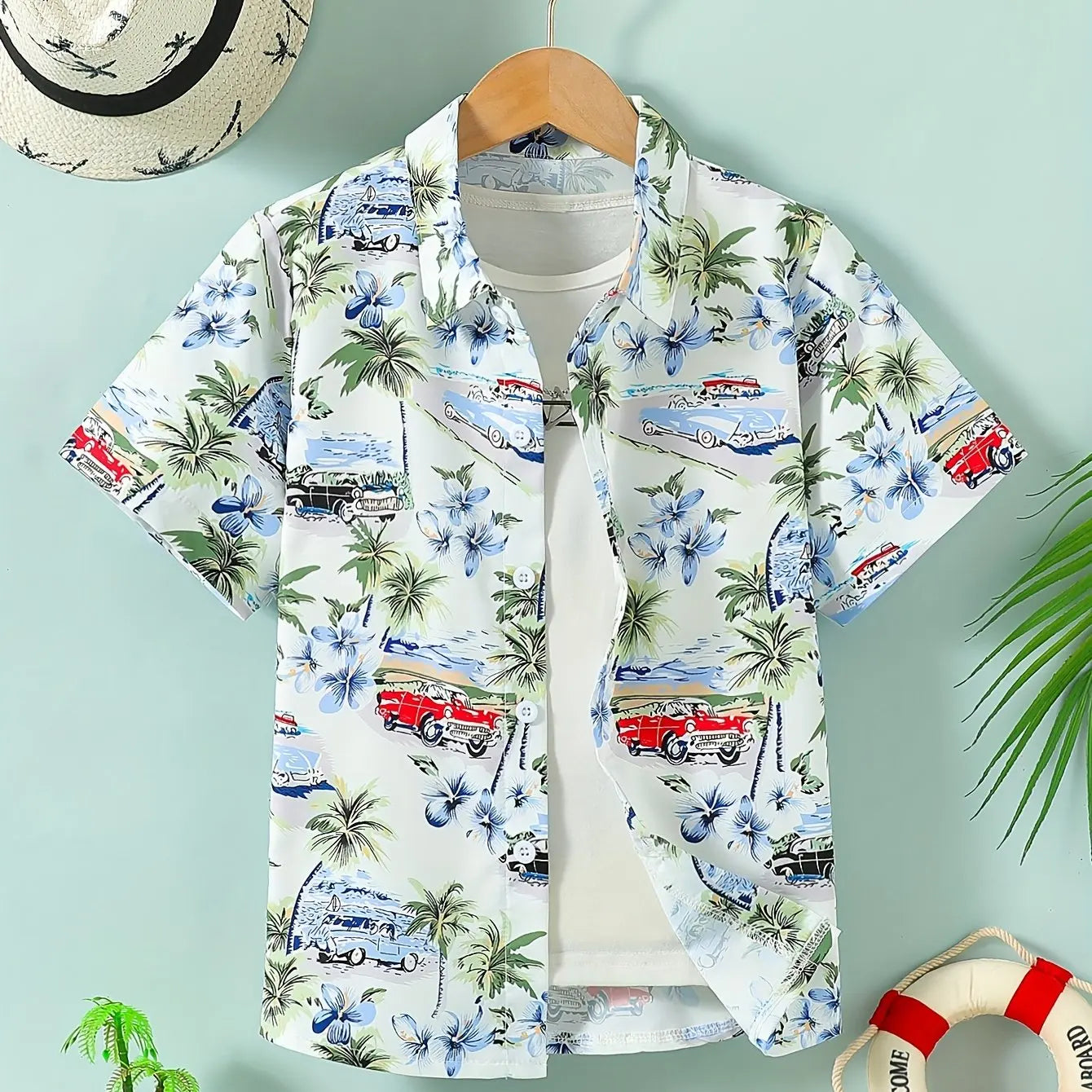 Beach Coconut Tree Print Boys Creative Top Shirts Casual Short Sleeve Lapel Shirt Tops Boys Clothes for Summer Outdoor Holiday