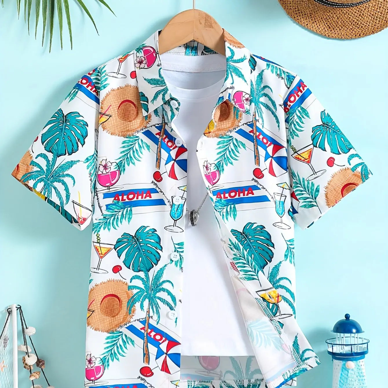 Beach Coconut Tree Print Boys Creative Top Shirts Casual Short Sleeve Lapel Shirt Tops Boys Clothes for Summer Outdoor Holiday