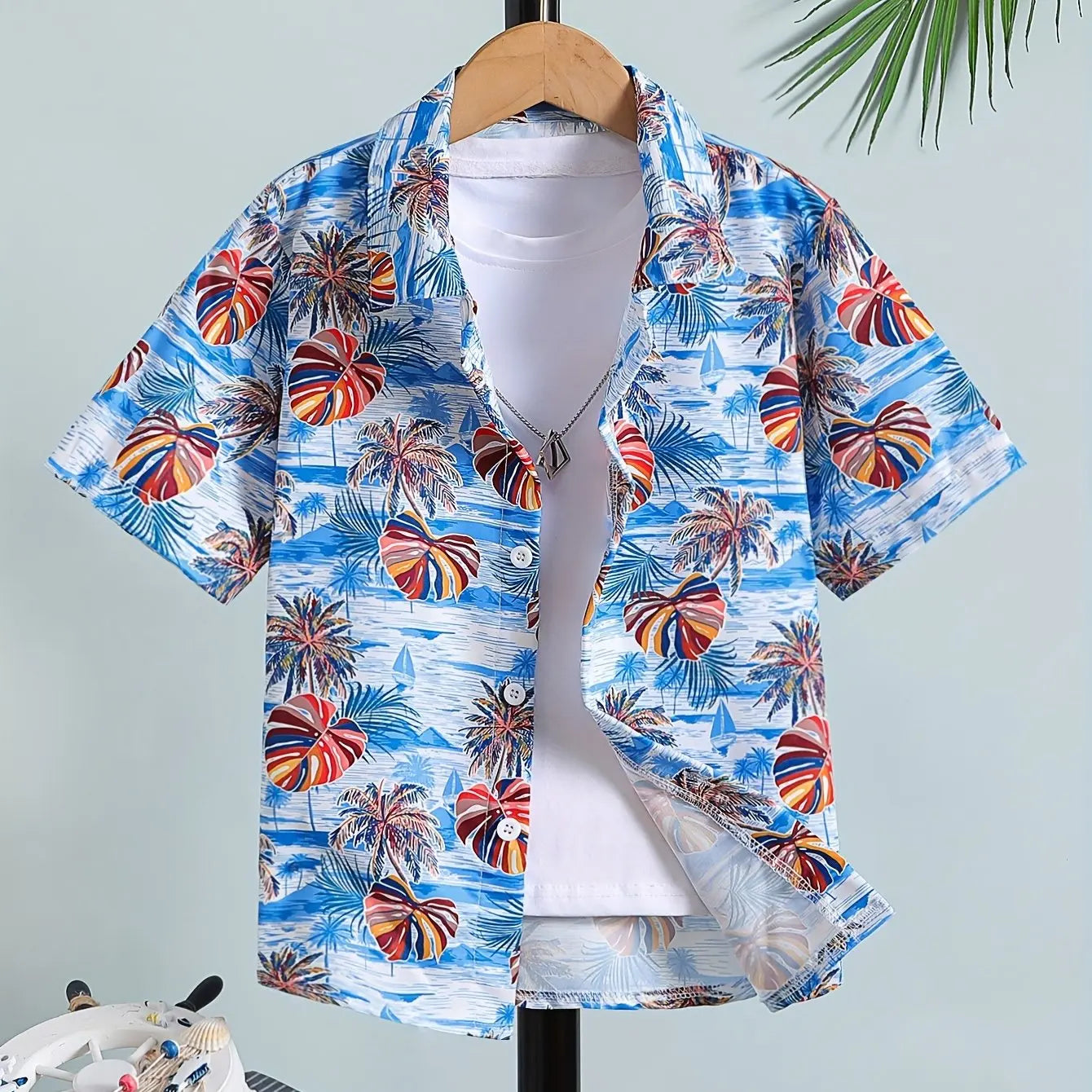 Beach Coconut Tree Print Boys Creative Top Shirts Casual Short Sleeve Lapel Shirt Tops Boys Clothes for Summer Outdoor Holiday