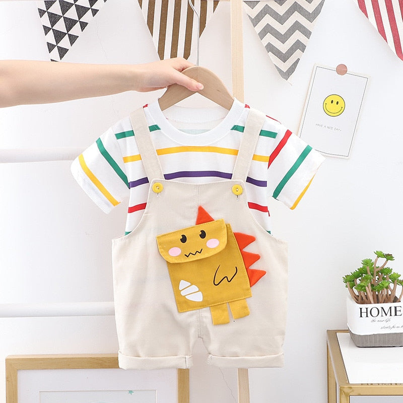 Summer Baby Short Sleeve Clothing Boys and Girls Cotton Tracksuit Striped Top+Overalls For Toddler Children Casual Clothing