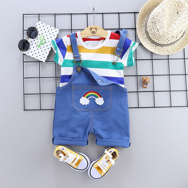 Summer Baby Short Sleeve Clothing Boys and Girls Cotton Tracksuit Striped Top+Overalls For Toddler Children Casual Clothing