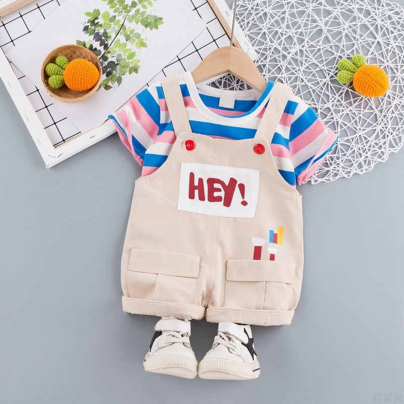 Summer Baby Short Sleeve Clothing Boys and Girls Cotton Tracksuit Striped Top+Overalls For Toddler Children Casual Clothing