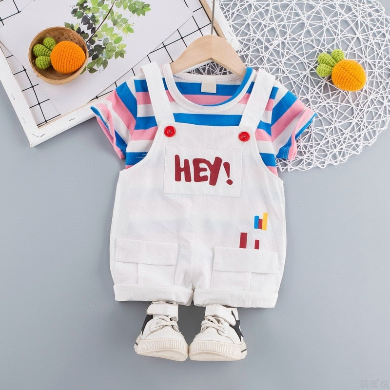 Summer Baby Short Sleeve Clothing Boys and Girls Cotton Tracksuit Striped Top+Overalls For Toddler Children Casual Clothing
